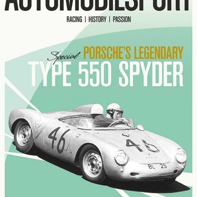 Revista AUTOMOBILSPORT com carro Porsche 550 Spyder prateado e texto em destaque