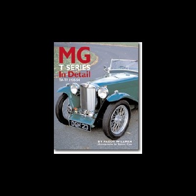 Revista com foto de carro clássico MG verde, texto MG T SERIES In Detail, matrícula DGH 23.