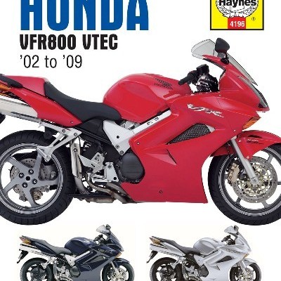 Capa de manual Haynes para Honda VFR800 VTEC com imagens de motos vermelha, azul e branca