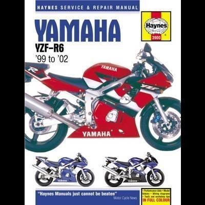 Capa do manual Haynes de serviço e reparação para Yamaha YZF-R6 '99 a '02 com imagens de motos vermelha e azul