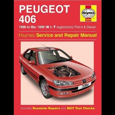 Manual Haynes para Peugeot 406 com carro vermelho e capô aberto visível