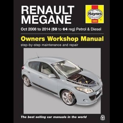 Capa do manual Renault Megane 2008-2014 com carro cinzento e texto em branco e amarelo