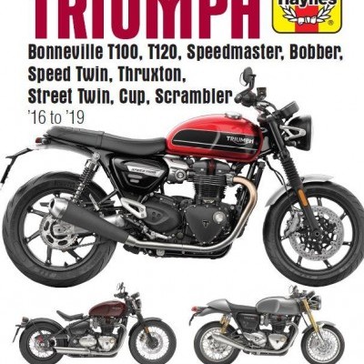 Capa de manual Haynes para motocicletas Triumph modelos Bonneville e outros, com fotos de três motos coloridas em fundo branco