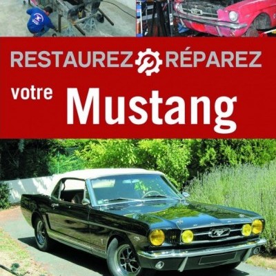 Capa de livro sobre restauro de Mustang com fotos de carro em oficina e Mustang restaurado
