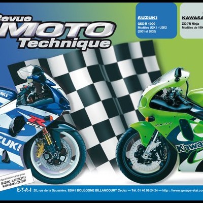 Capa da revista Revue MOTO Technique com motos Suzuki azul e Kawasaki verde frente a frente e fundo de bandeira xadrez.
