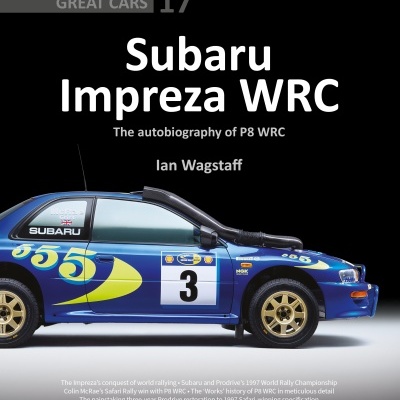 Capa do livro Subaru Impreza WRC com imagem de carro de rali azul e amarelo
