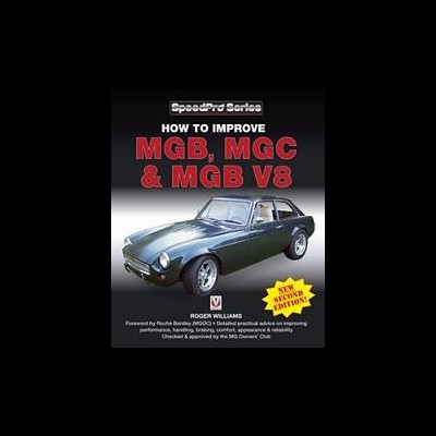 Capa de livro com um carro clássico verde-escuro e título sobre melhoria de MGB, MGC e MGB V8