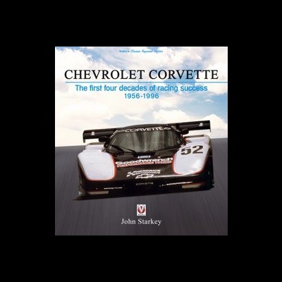 Capa de livro sobre Chevrolet Corvette com carro de corrida preto branco e vermelho