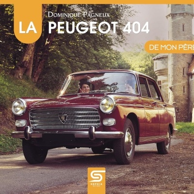 Capa de livro com carro Peugeot 404 vermelho e construção de pedra ao fundo
