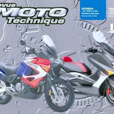 Revista Revue Moto Technique com duas motos vermelha, azul e branca e cinza numa capa com fundo texturizado cinza.