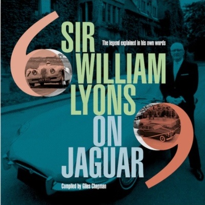 Capa de livro com título sobre Sir William Lyons e dois carros clássicos Jaguar