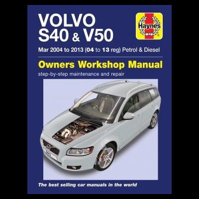 Capa do manual de instruções Haynes para Volvo S40 & V50 com imagem do carro branco e motor visível