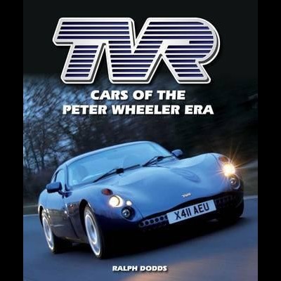 Capa de livro com carro desportivo azul e texto TVR CARS OF THE PETER WHEELER ERA