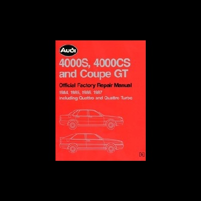 Capa vermelha de manual oficial de reparação Audi 4000S, 4000CS e Coupe GT com desenhos técnicos dos carros
