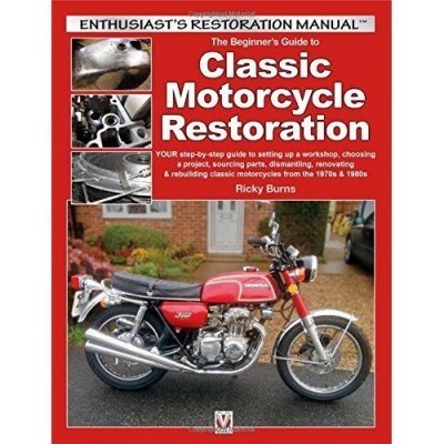 Capa de livro com título sobre restauração clássica de motocicletas e foto de moto clássica vermelha.