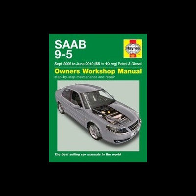 Capa do manual de oficina para SAAB 9-5 com carro cinza e texto em verde e amarelo