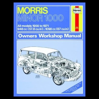 Capa azul de manual para proprietário Morris Minor 1000 com ilustração do carro em corte