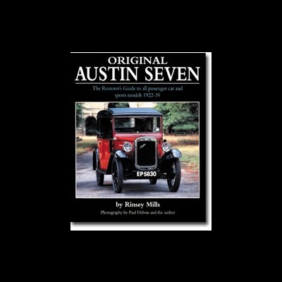 Capa de livro com fotografia de carro antigo Austin Seven vermelho e preto, texto Original Austin Seven e autor Rinsey Mills