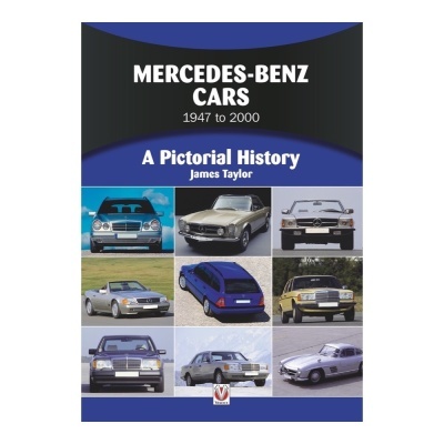 Livro sobre carros Mercedes-Benz com várias imagens de modelos diferentes