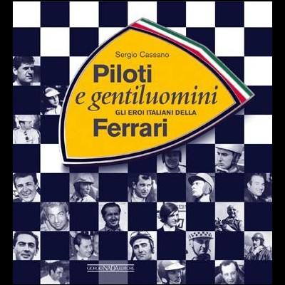 Capa de livro com fotos de homens e emblema amarelo com texto sobre pilotos Ferrari