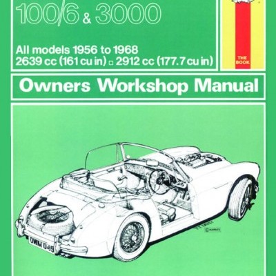 Capa verde do manual Austin Healey 100/6 & 3000 da Haynes com desenho de carro clássico preto e branco