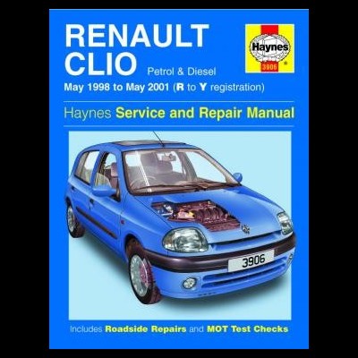 Capa do manual Haynes para Renault Clio com carro azul e texto detalhado