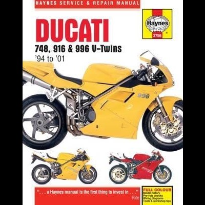 Capa do manual Haynes com motos Ducati amarelas e vermelha