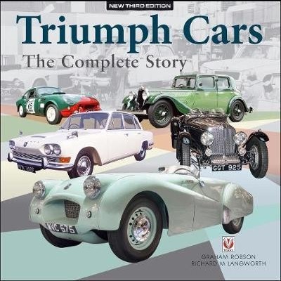 Capa de livro com carros clássicos Triumph em várias cores e o título 'Triumph Cars The Complete Story'.