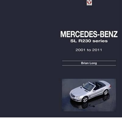 Capa de livro com texto Mercedes-Benz SL R230 series e foto de carro prata descapotável