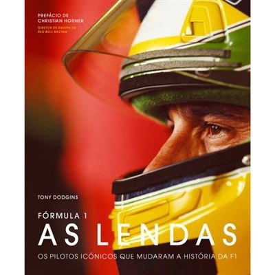 Capa de livro com piloto de Fórmula 1 de capacete amarelo e texto sobre pilotos icónicos