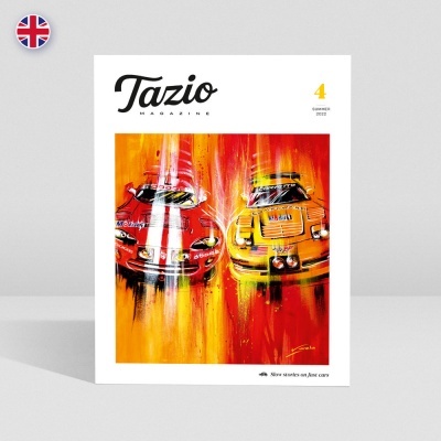 Capa da revista Tazio Magazine com dois carros de corrida em cores vibrantes