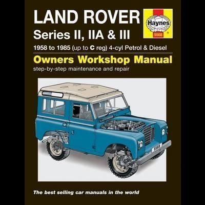 Capa de manual de oficina Land Rover com ilustração de carro azul e texto em amarelo e branco