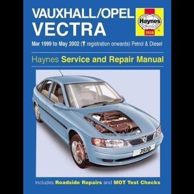 Manual Haynes para Vauxhall/Opel Vectra com carro azul e motor visível