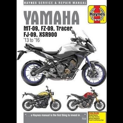 Capa de manual Haynes para motos Yamaha MT-09, FZ-09, Tracer, FJ-09, XSR900 de 2013 a 2016 com imagens de três motos.