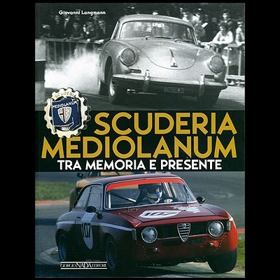 Capa de livro com carros clássicos Alfa Romeo e texto sobre Scuderia Mediolanum.