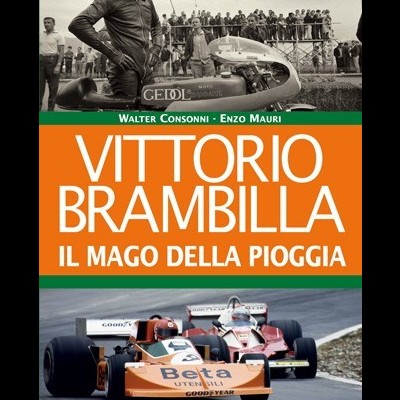 Capa de livro sobre Vittorio Brambilla com fotos em preto e branco do piloto em moto e corrida de carros.