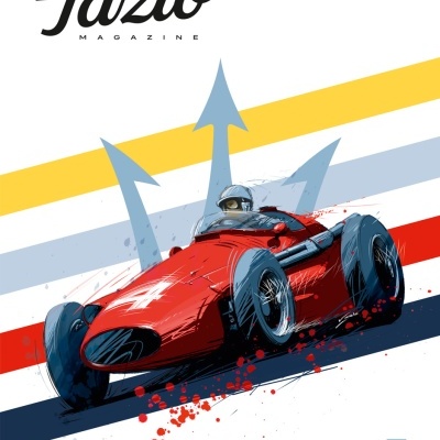 Ilustração de um carro de corrida vintage vermelho na capa da revista Tazio Magazine.