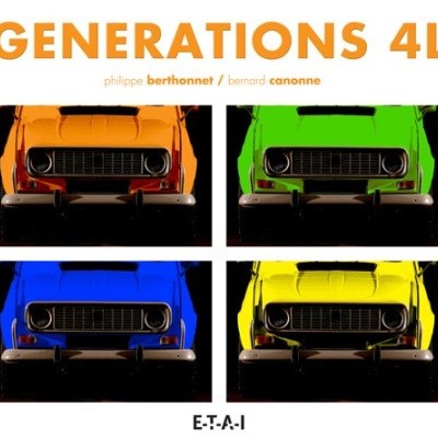 Frontal de carro clássico em quatro cores: laranja, verde, azul, amarelo, texto acima e abaixo.