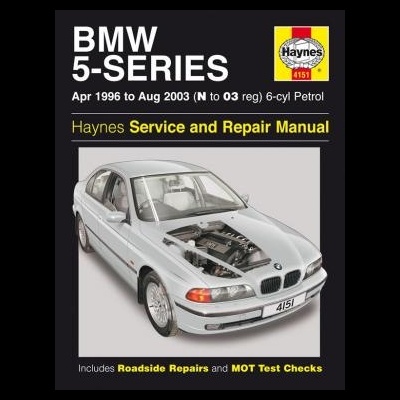 Capa do manual Haynes para BMW 5-Series com imagem de carro cinzento e texto em branco e amarelo