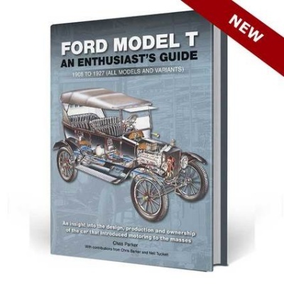 Livro sobre Ford Model T com ilustração detalhada e texto em inglês na capa.