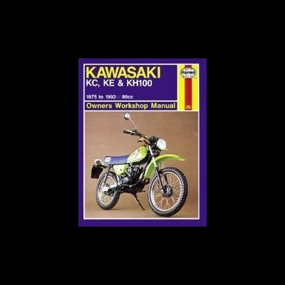 Manual com foto de mota Kawasaki verde, branca e preta sobre fundo roxo.