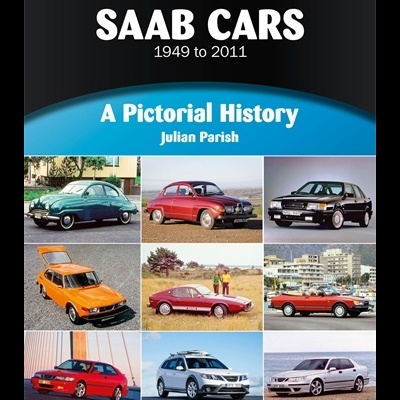 Capa de livro sobre carros Saab com várias imagens de carros coloridos.