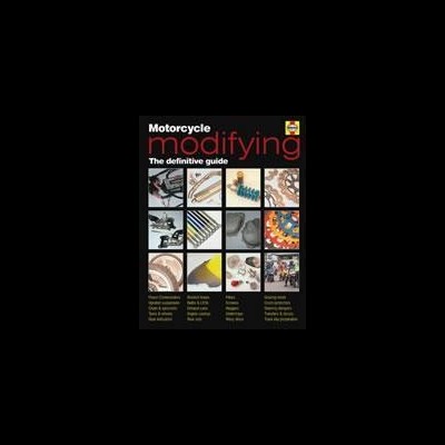 Capa de livro sobre modificação de motocicletas com imagens de peças e ferramentas.