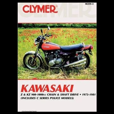 Manual Clymer com imagem de motocicleta Kawasaki vermelha num campo
