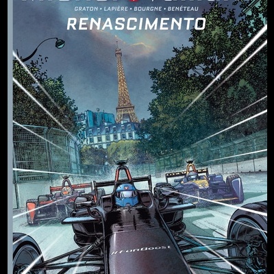 Capa de banda desenhada com carros de Fórmula 1 e Torre Eiffel ao fundo