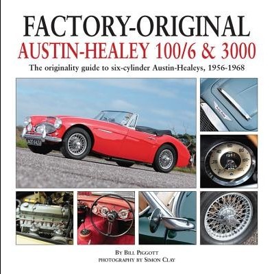 Capa de livro com fotos detalhadas de carro desportivo vermelho Austin-Healey e texto do título.