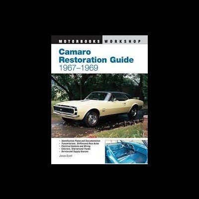 Capa de livro com carro Camaro amarelo preto e título Camaro Restoration Guide 1967-1969