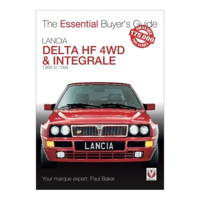 Capa do livro Guia do Comprador para Lancia Delta HF 4WD e Integrale com imagem frontal do carro vermelho