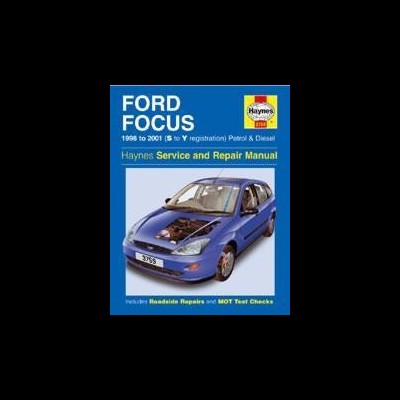 Capa do manual Haynes para Ford Focus 1998-2001, carro azul com capô aberto mostrando motor