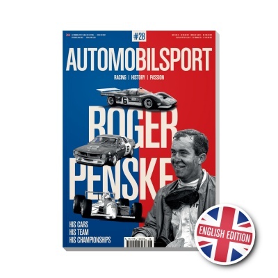 Capa da revista Automobil Sport com imagens e texto sobre Roger Penske